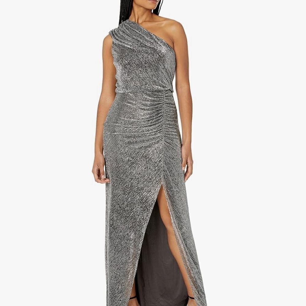 H HALSTON Women's One Shoulder Metallic Knit Jersey Gown-MM3